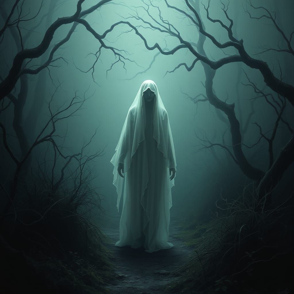 Ethereal Ghost in Eerie Landscape, Digital Painting