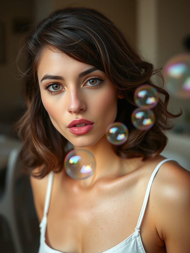 Photorealistic Portrait of Woman Blowing Bubbles