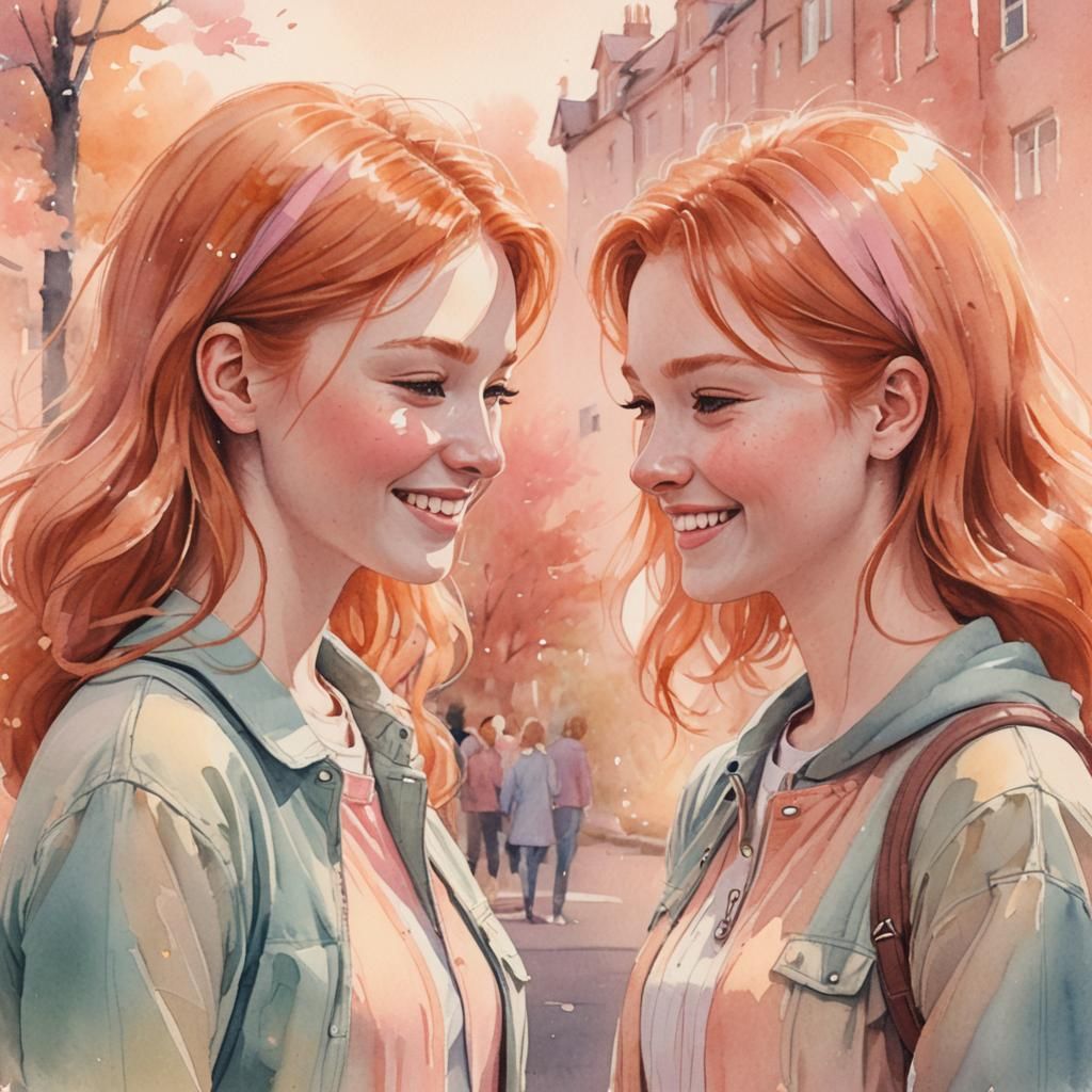 Romantic High School Girls in Pastel Illustration