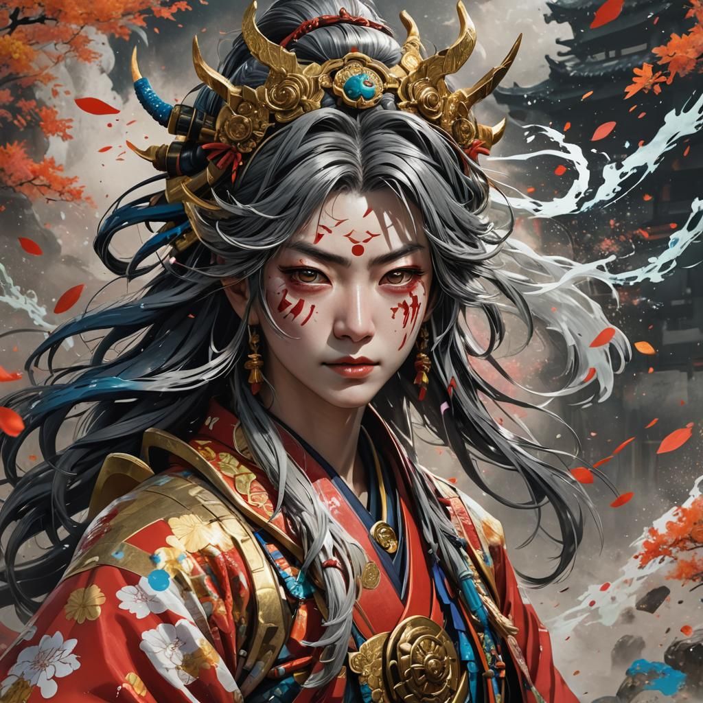 Hyperrealistic Tomoe Gozen Portrait in Splash Art Style