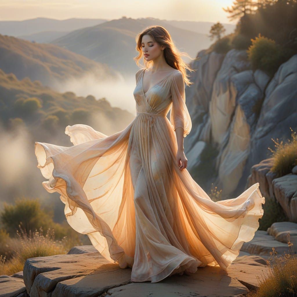 Woman on Precipice in Ethereal Watercolor Style