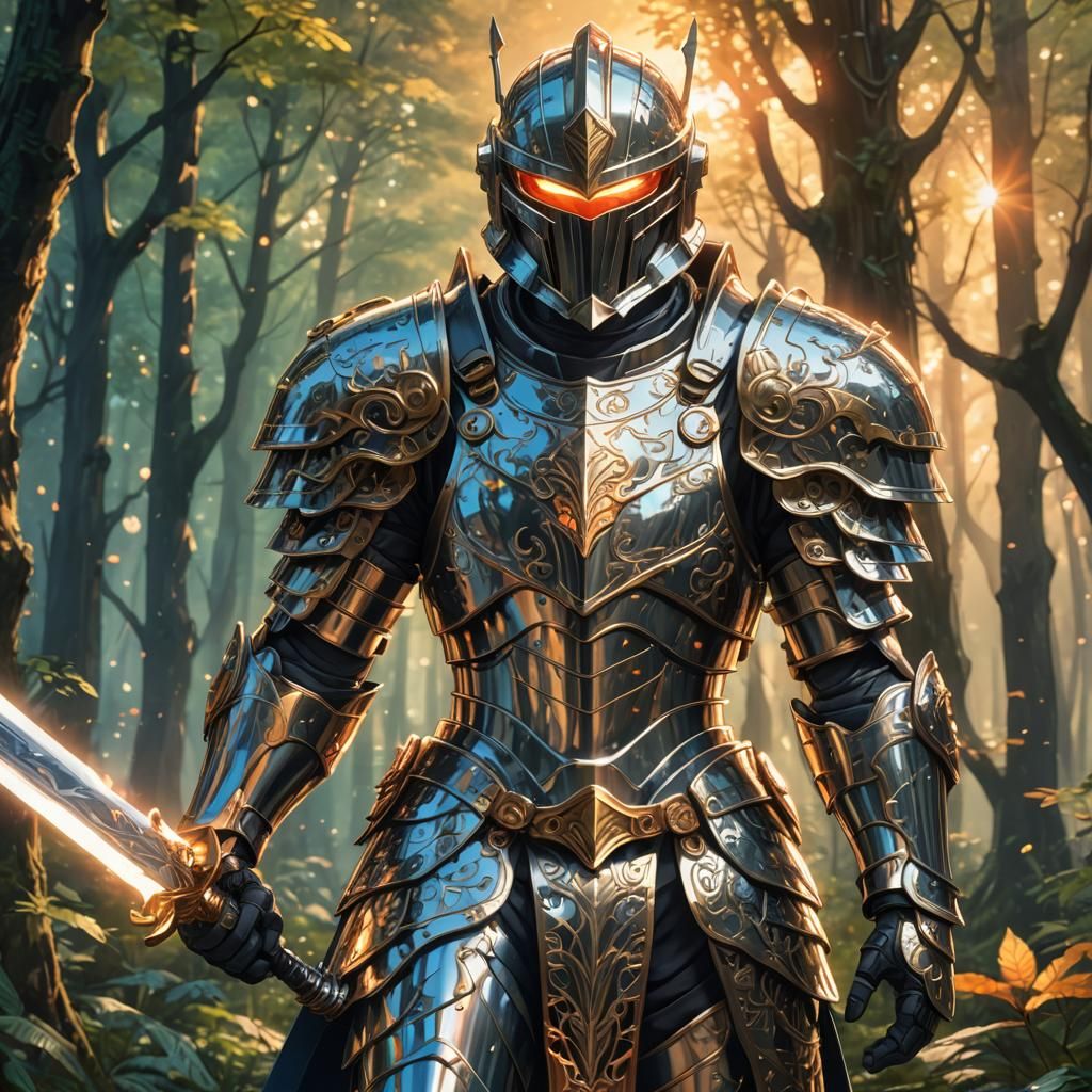 Heroic Anime Warrior in Mystical Forest