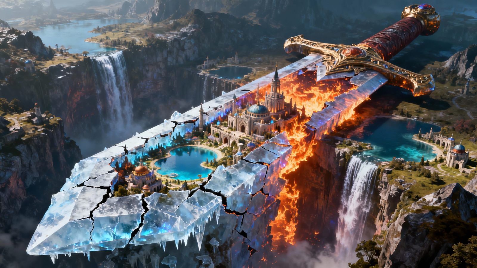 Giant Ice & Fire Sword With Fantasy Kingdom
