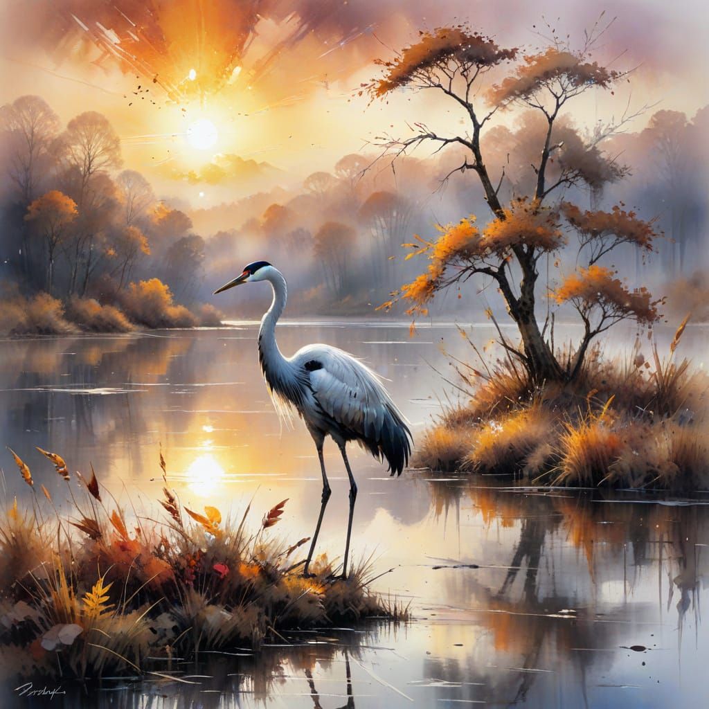 Crane on Misty Lake: Watercolour Painting