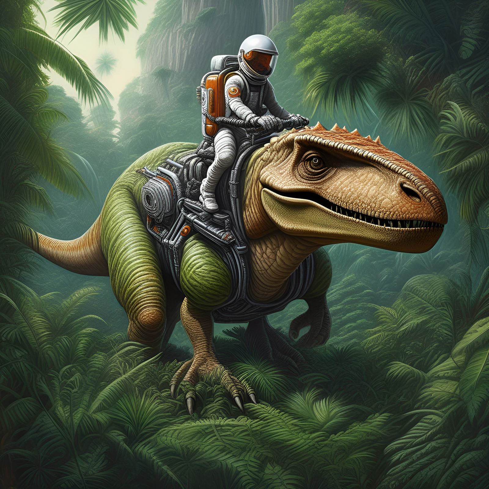 Astronaut Rides Dinosaur in Jurassic Jungle