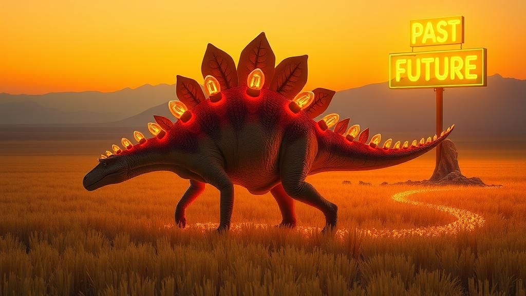 Stegosaurus in Magic Surrealism Style with Neon Signs