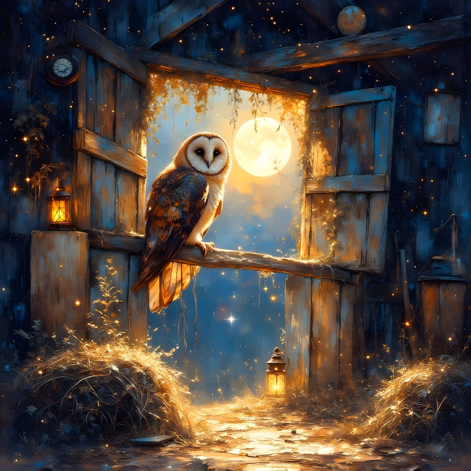 Moonlit Barn Owl Perched on Hayloft Beam