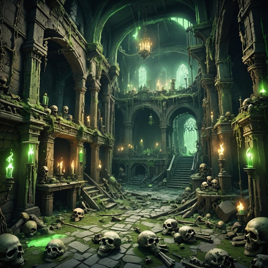 Eerie Green Lit Dungeon with Bones in Digital Art