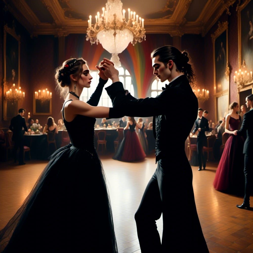 Gay Couple Dancing in Gothic Ballroom with Rainbow Decor