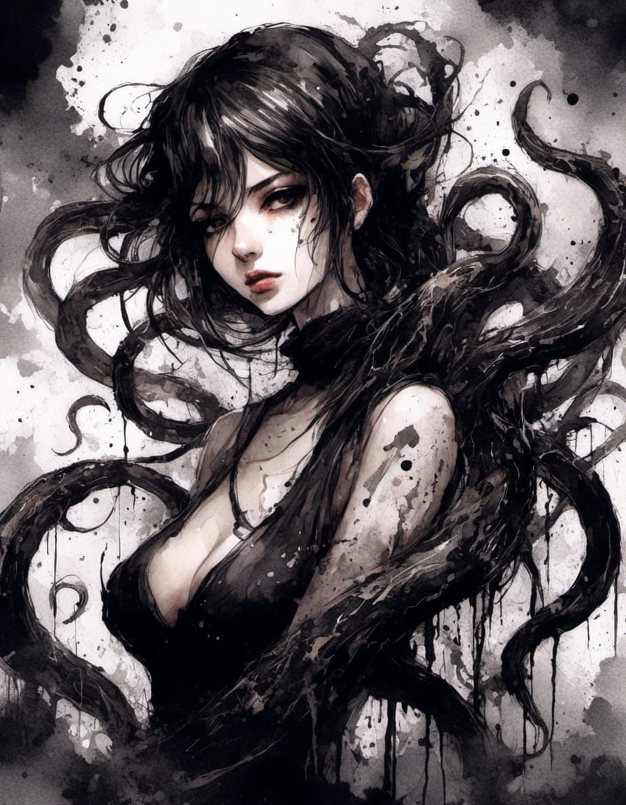 Anime Girl with Tentacles in Ink Splatter Art