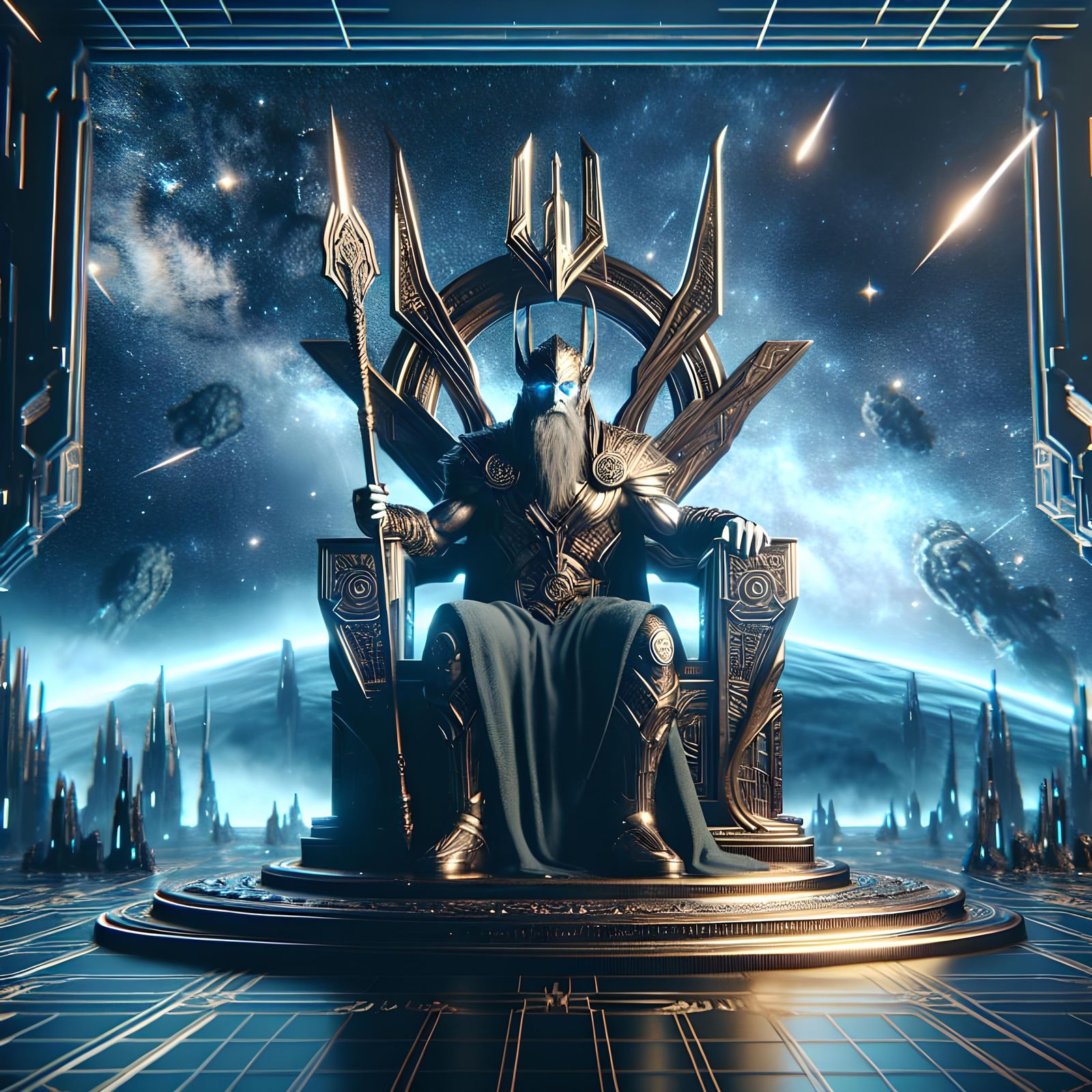 Hyperrealistic Odin on Cosmic Throne in Futuristic Setting