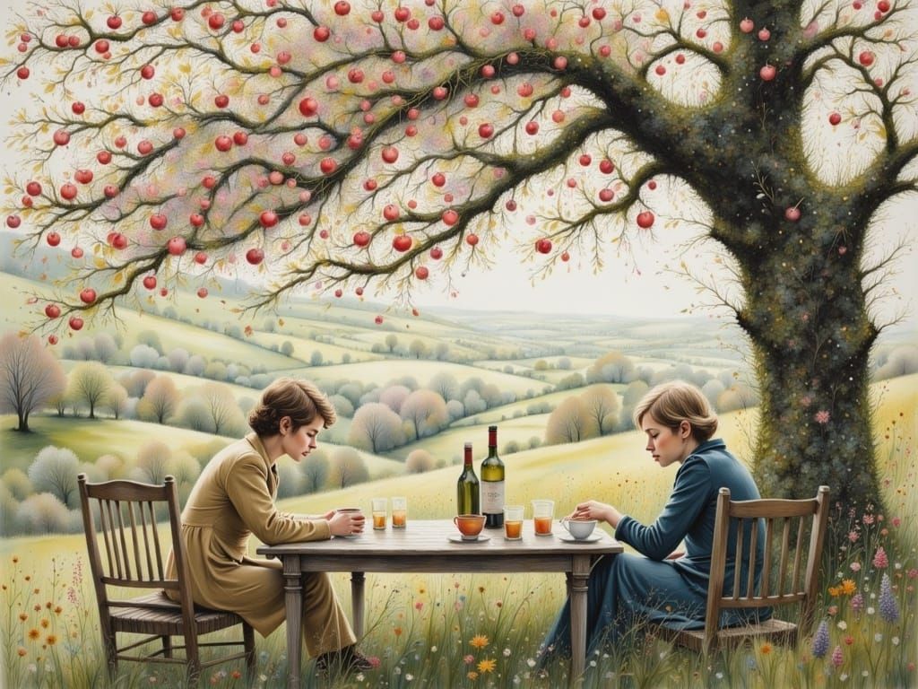 Coffee Under Apple Tree: Watercolor Painting