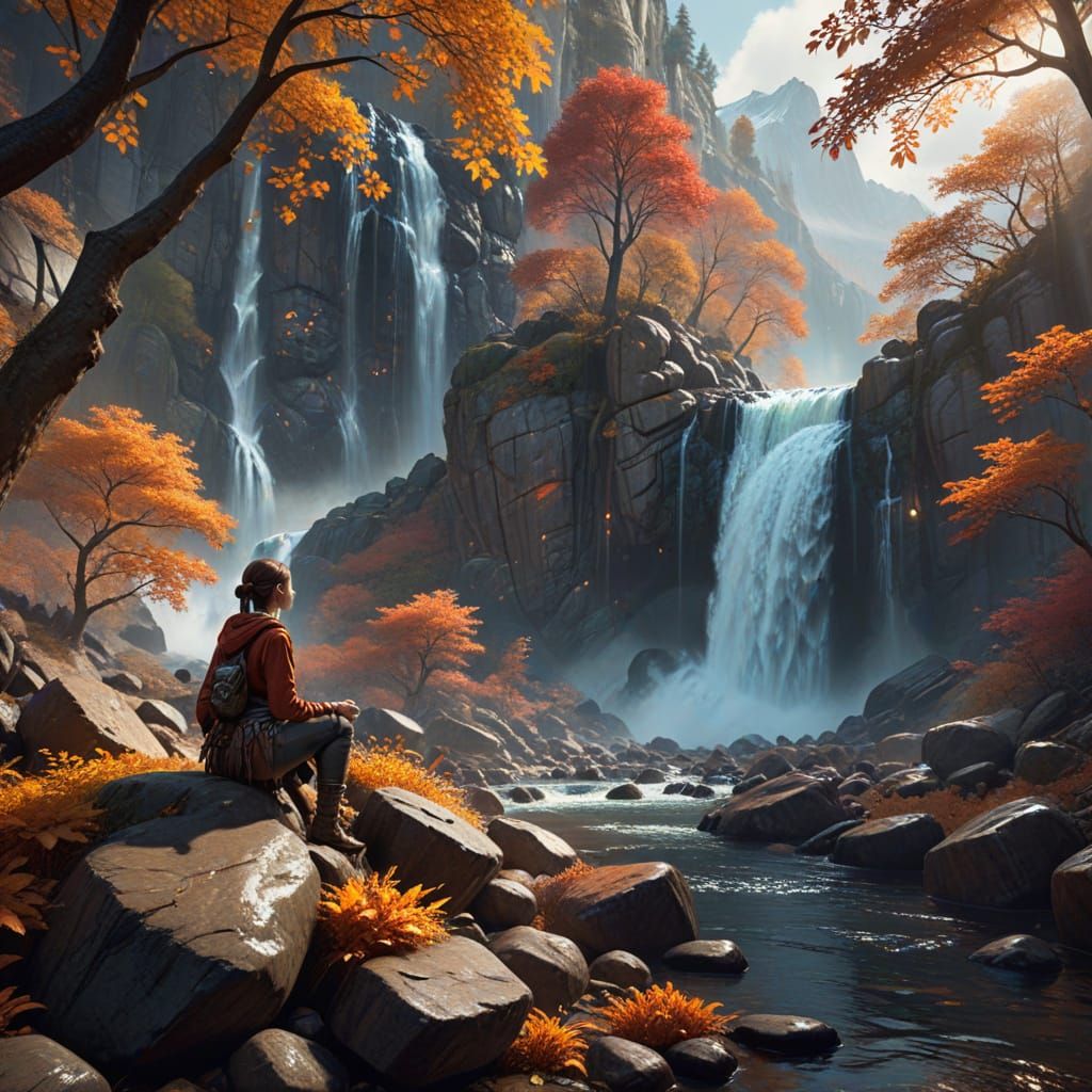 Autumn Waterfall Scene with Artist in Warm Tones