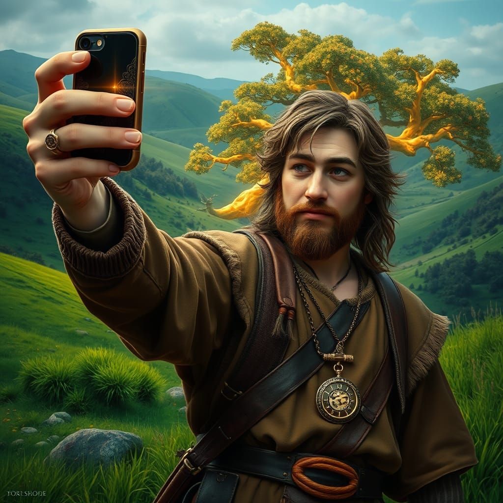 Hobbit Selfie in Shire Landscape, Digital Matte Painting