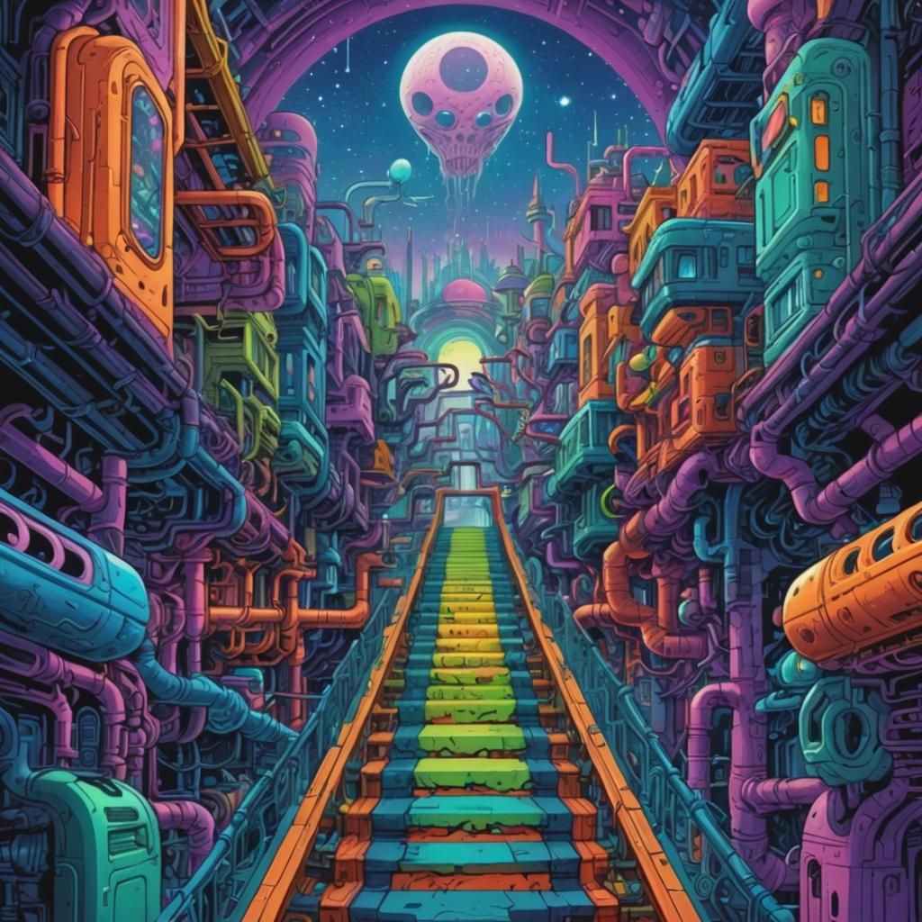 Psychedelic Alien City Cartoon in a Surreal Style