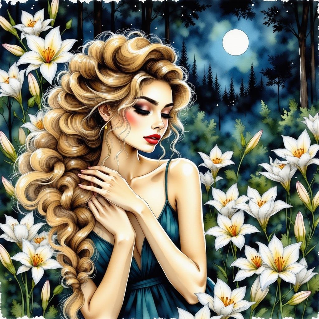 Art Nouveau Silhouette with White Lilies in Sepia Ink