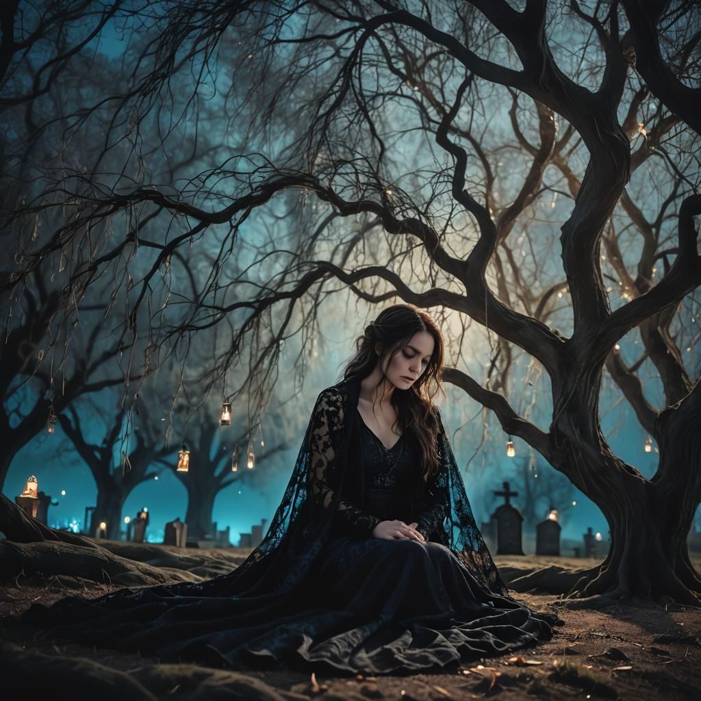 Ethereal Woman Sleeping Under Glowing Graveyard Willow