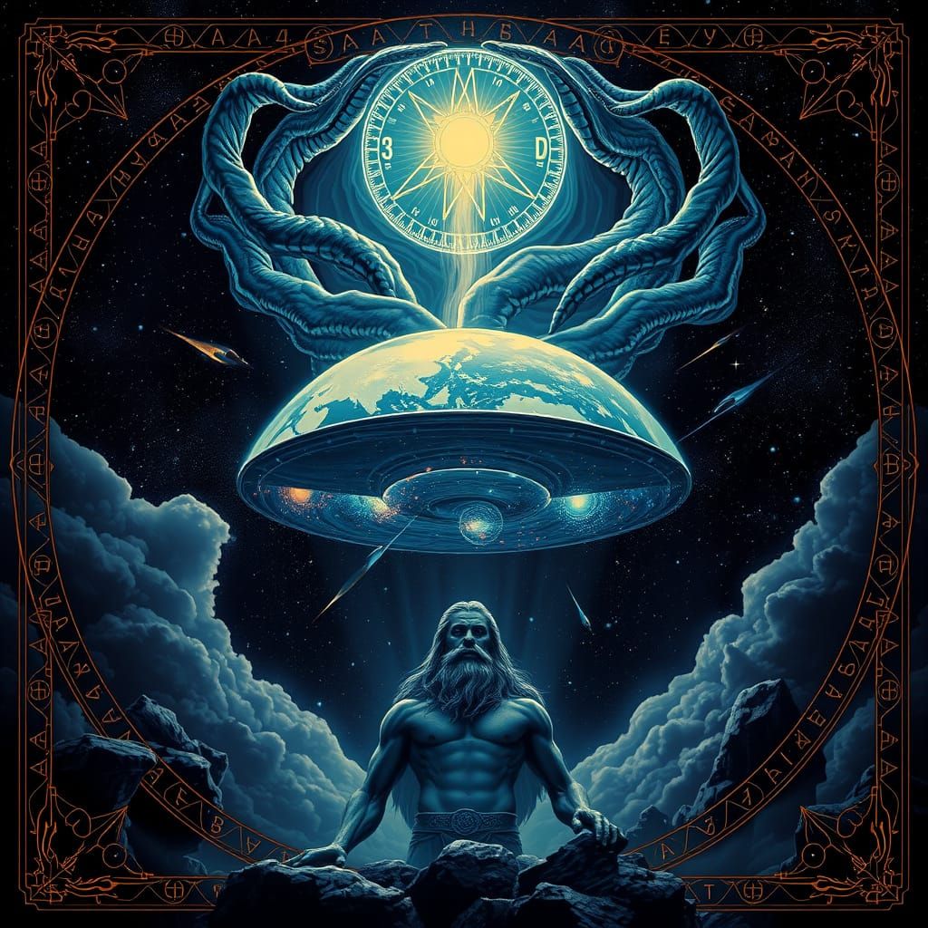 Titan Atlas Holds a Celestial Earth in a Starry Cosmos