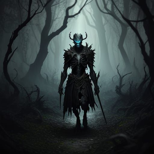 Dark Fantasy Creature in Gloomy Forest