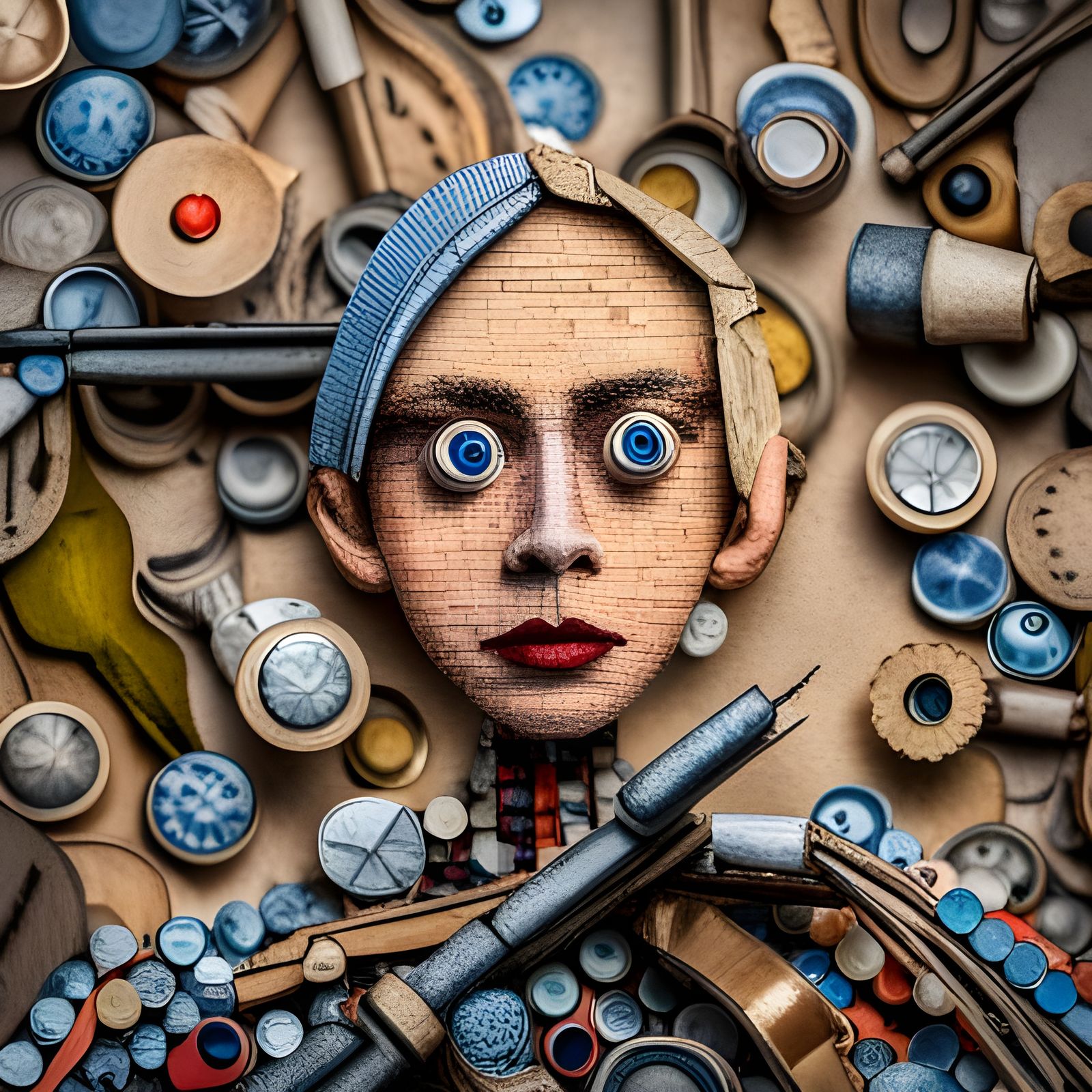 Intricate Bottle Cap Puppet Collage in Pale Light