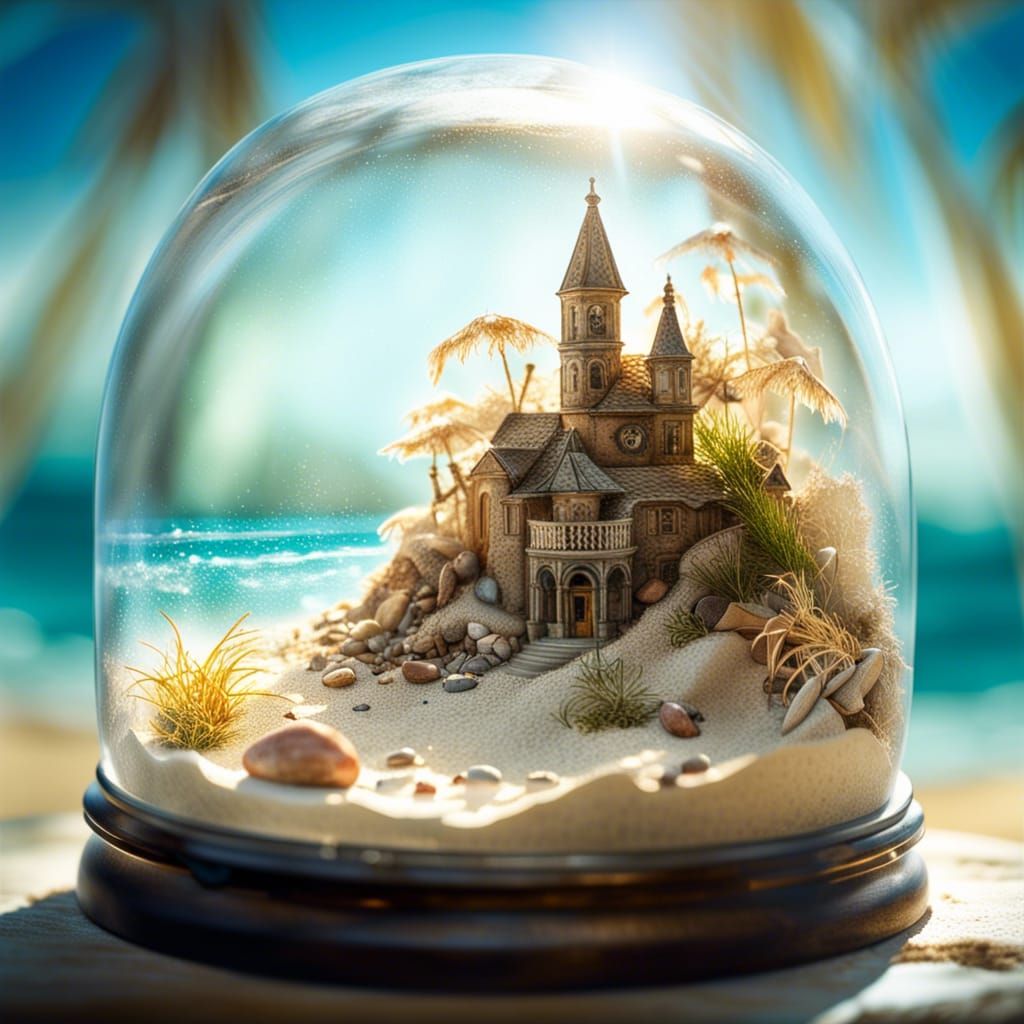 Miniature Beach Scene in Glass Bell Jar
