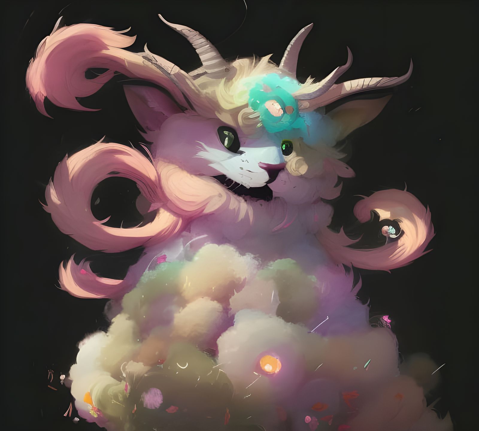 Fluffy Chimera Portrait in Forest with Colorful Sky