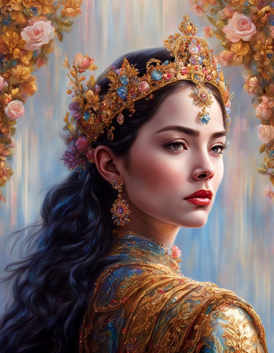 Majestic Queen Portrait with Gold and Gemstones