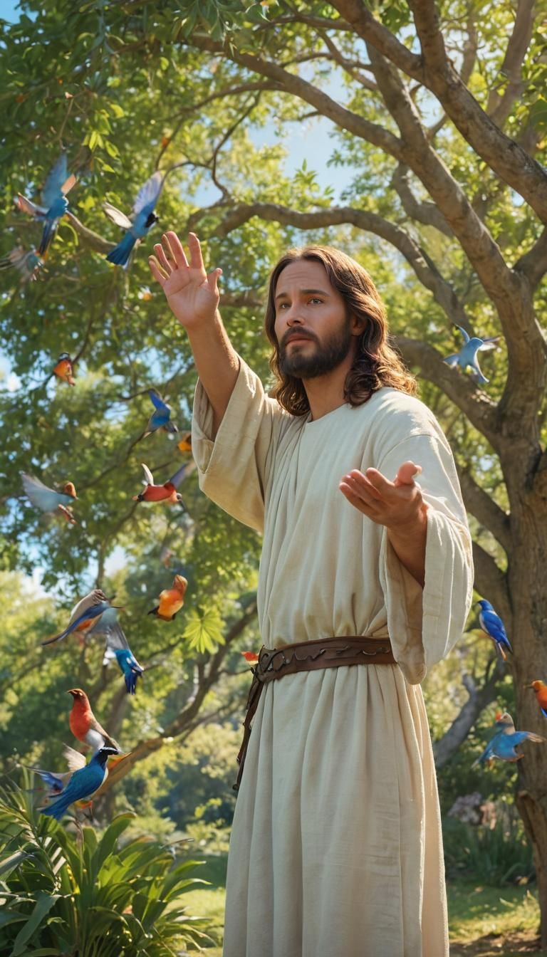 Jesus Feeds Birds in Lush, Warm-Toned Scene