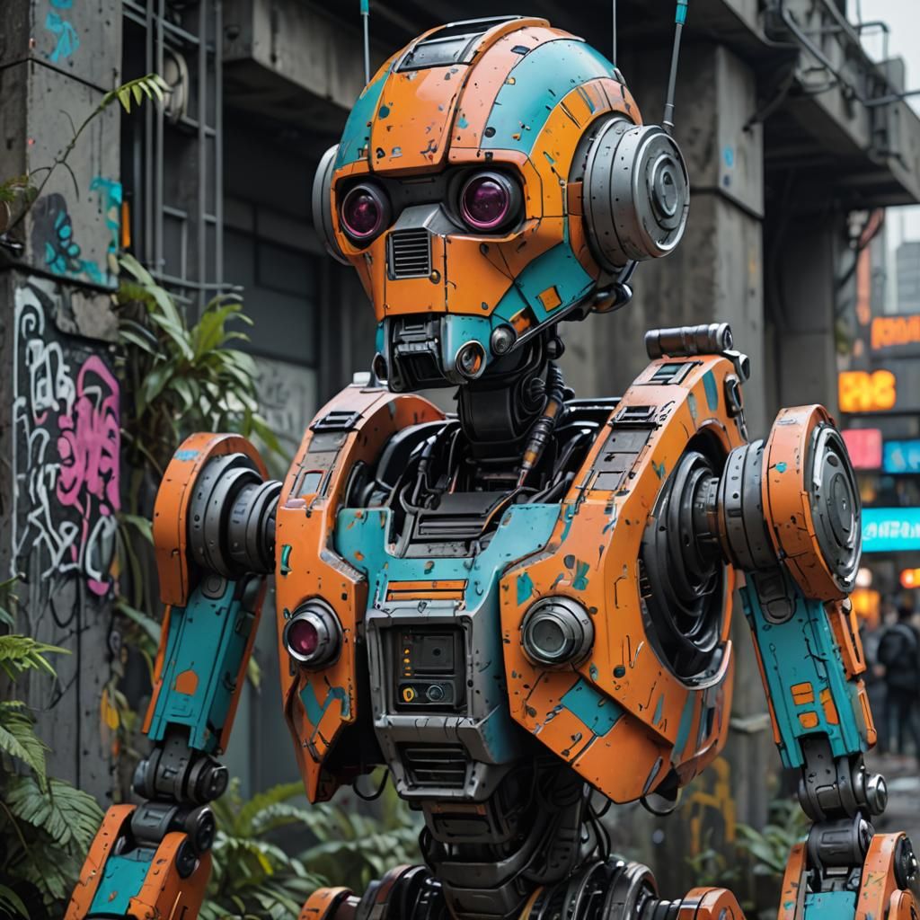 Hyperreal Droid in Fluorescent Brutalist Megapolis