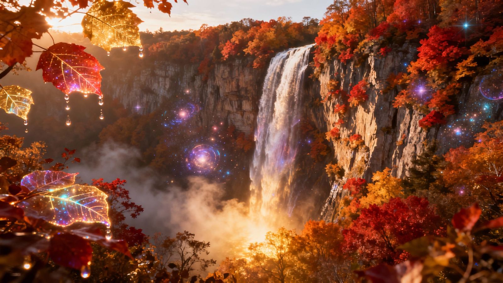 Majestic Autumn Waterfall in Golden Hour Light