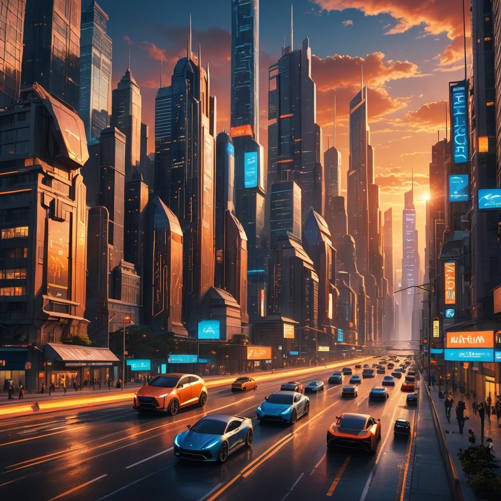 Futuristic Metropolis at Sunset in Matte Painting Style
