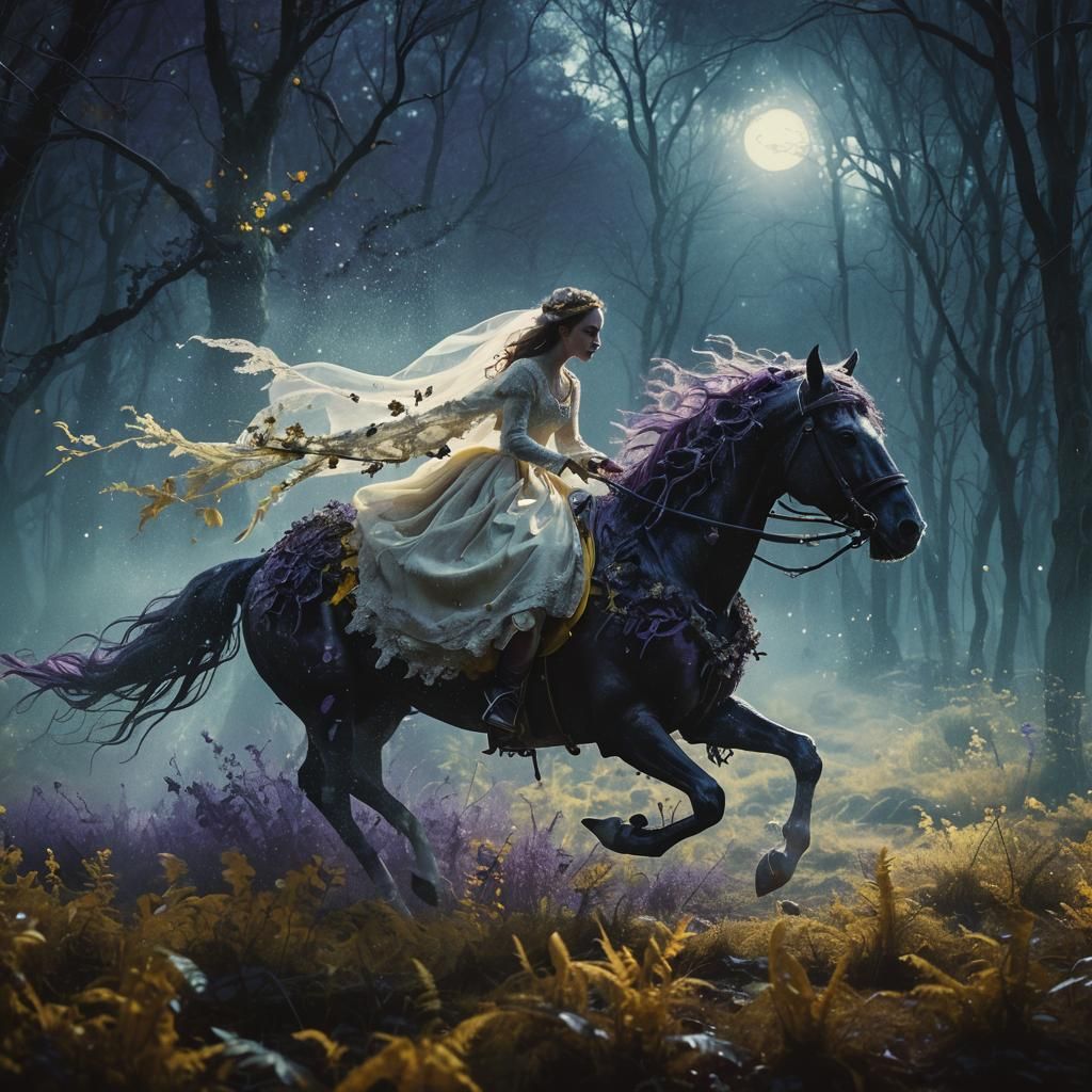 Bride Galloping in Whimsical Forest, Tim Burton Style