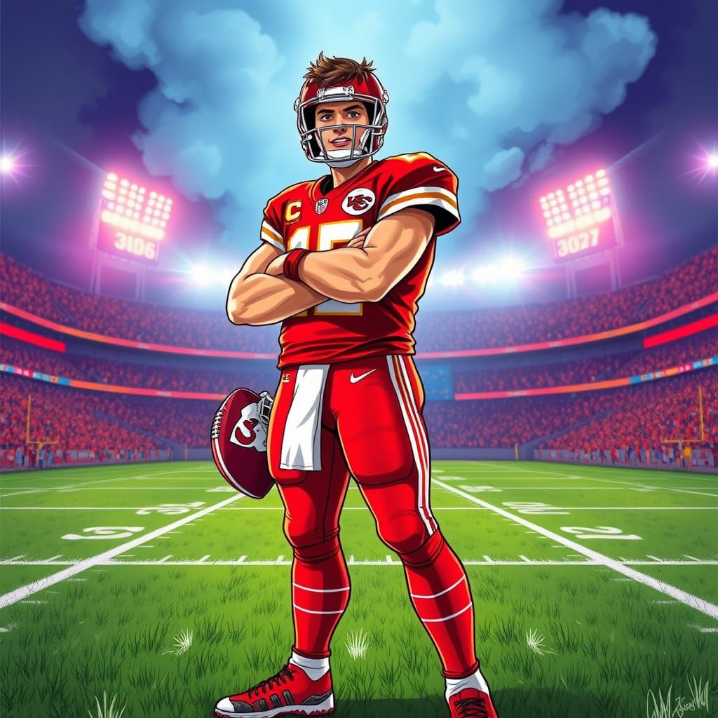 Confident NFL Quarterback in Marvel-Inspired Illustration