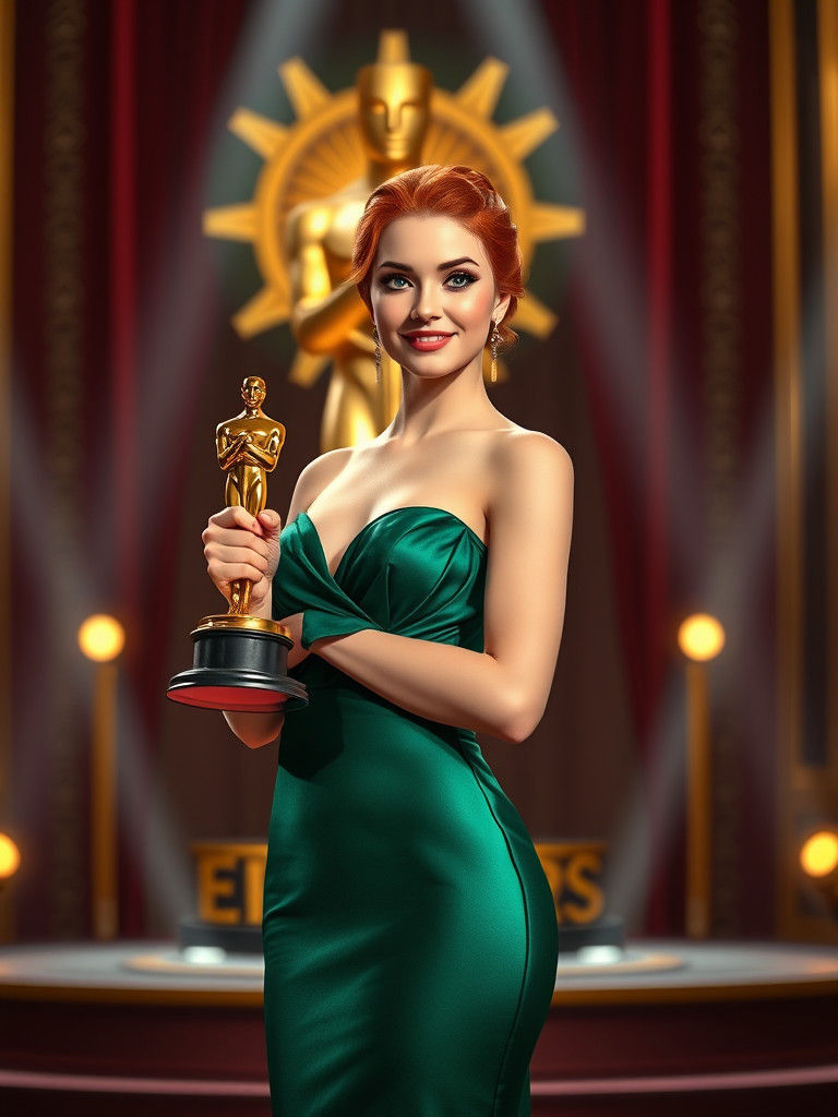 Red-Haired Woman Holding Oscar Statue on Stage