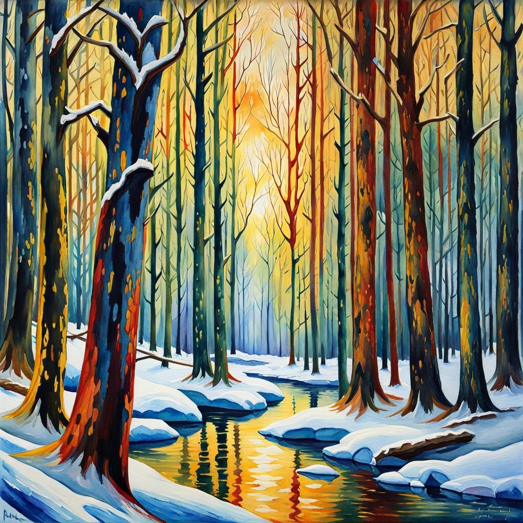 Snowy Winter Forest in Art Nouveau Style