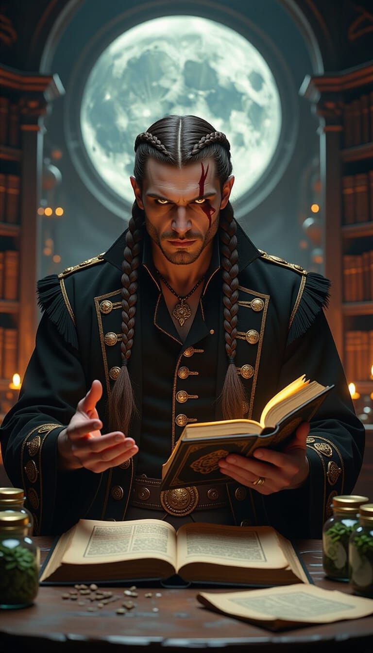 A serious vampire necromancer with braided  brown hair and piercing dark eyes, an old scar across his face, clad in a bl...