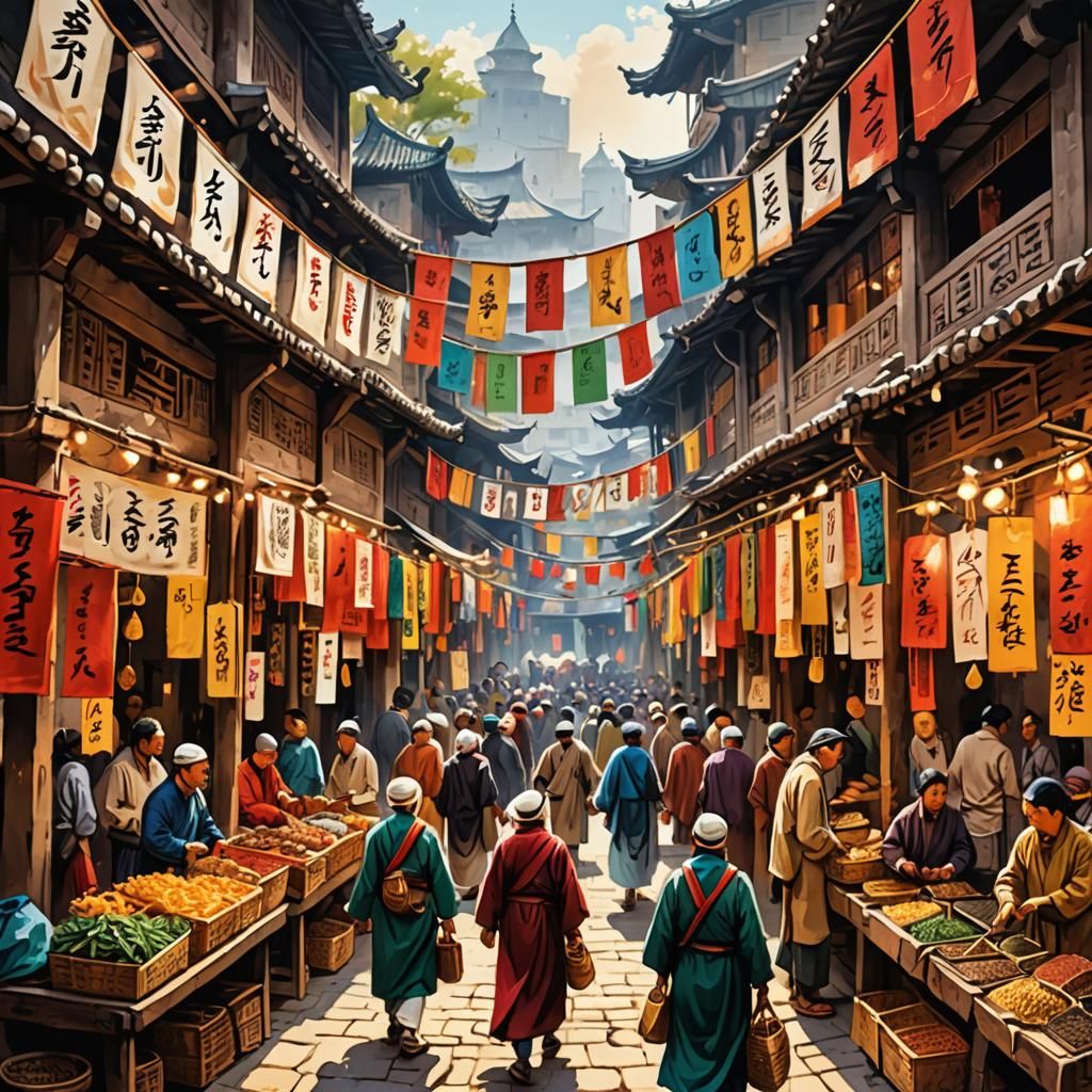 Ancient City Marketplace With Calligraphic Banners
