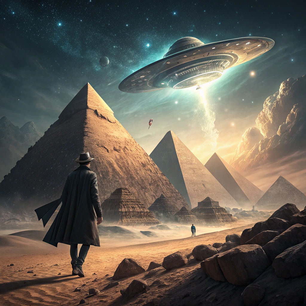 Mysterious Stranger Amidst Surreal Pyramids and UFOs