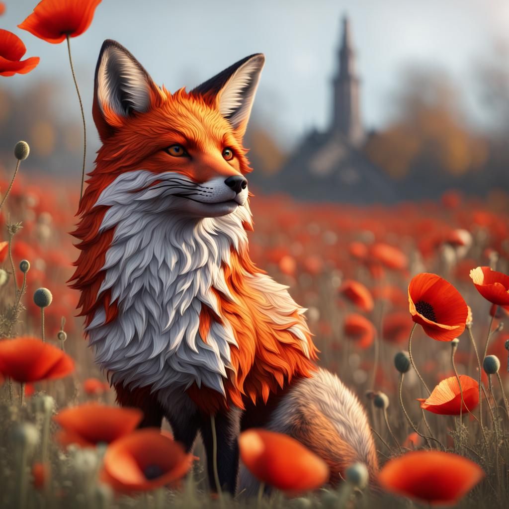 Red Fox in Poppy Field: Manhwa Style