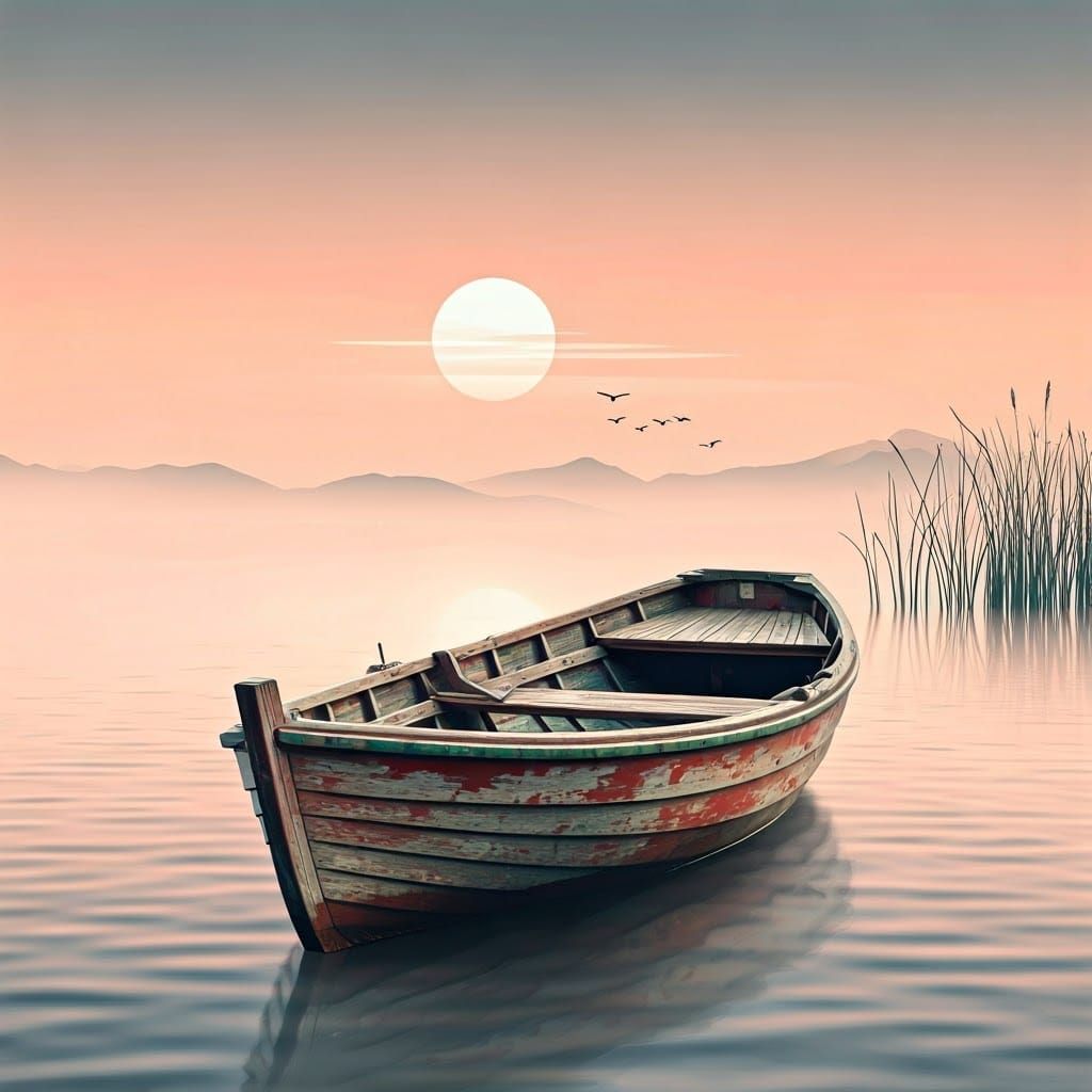 Rowboat on Lake in Ukiyo-e Japanese Style