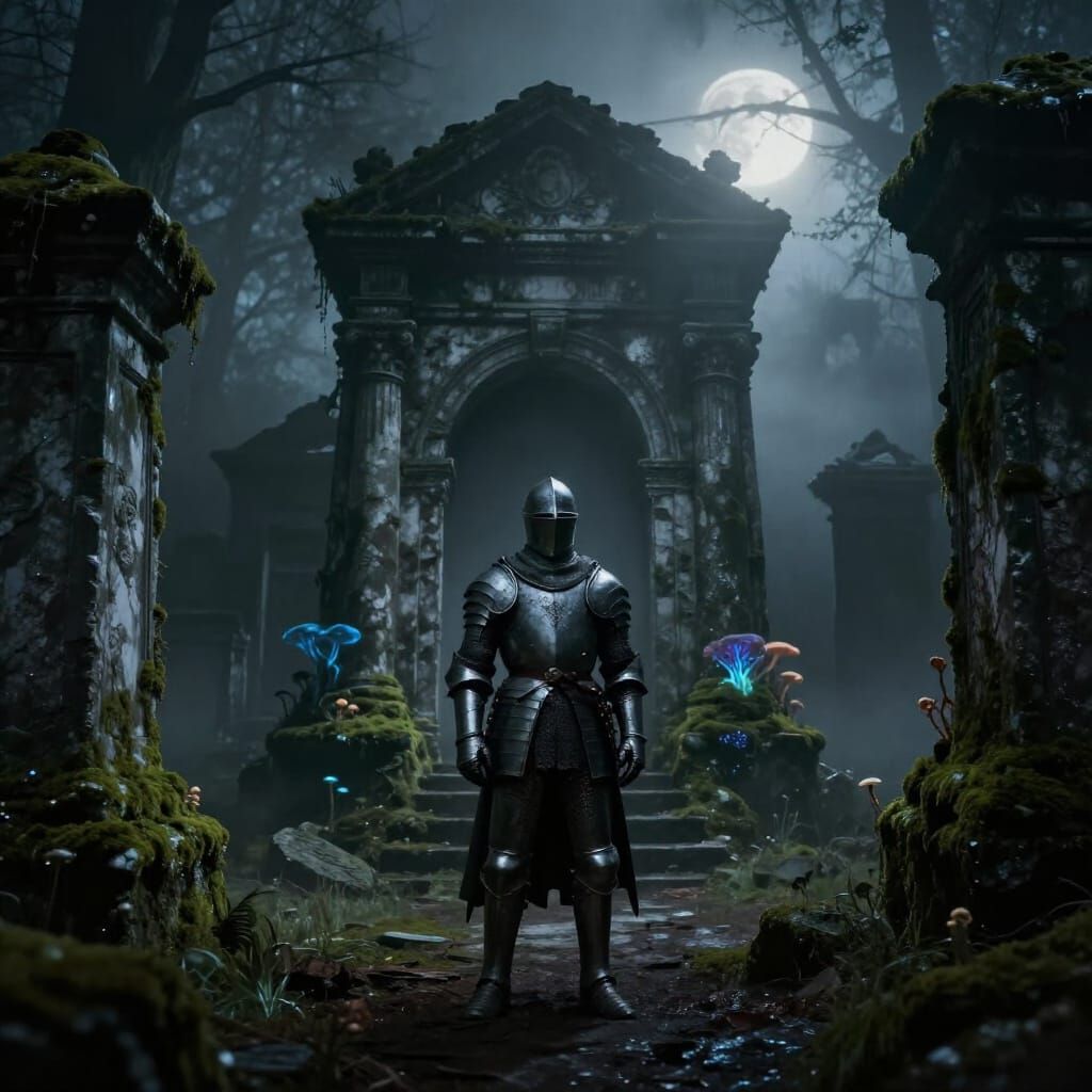Knight Guards Ancient Mausoleum in Foggy Gothic Horror Scene