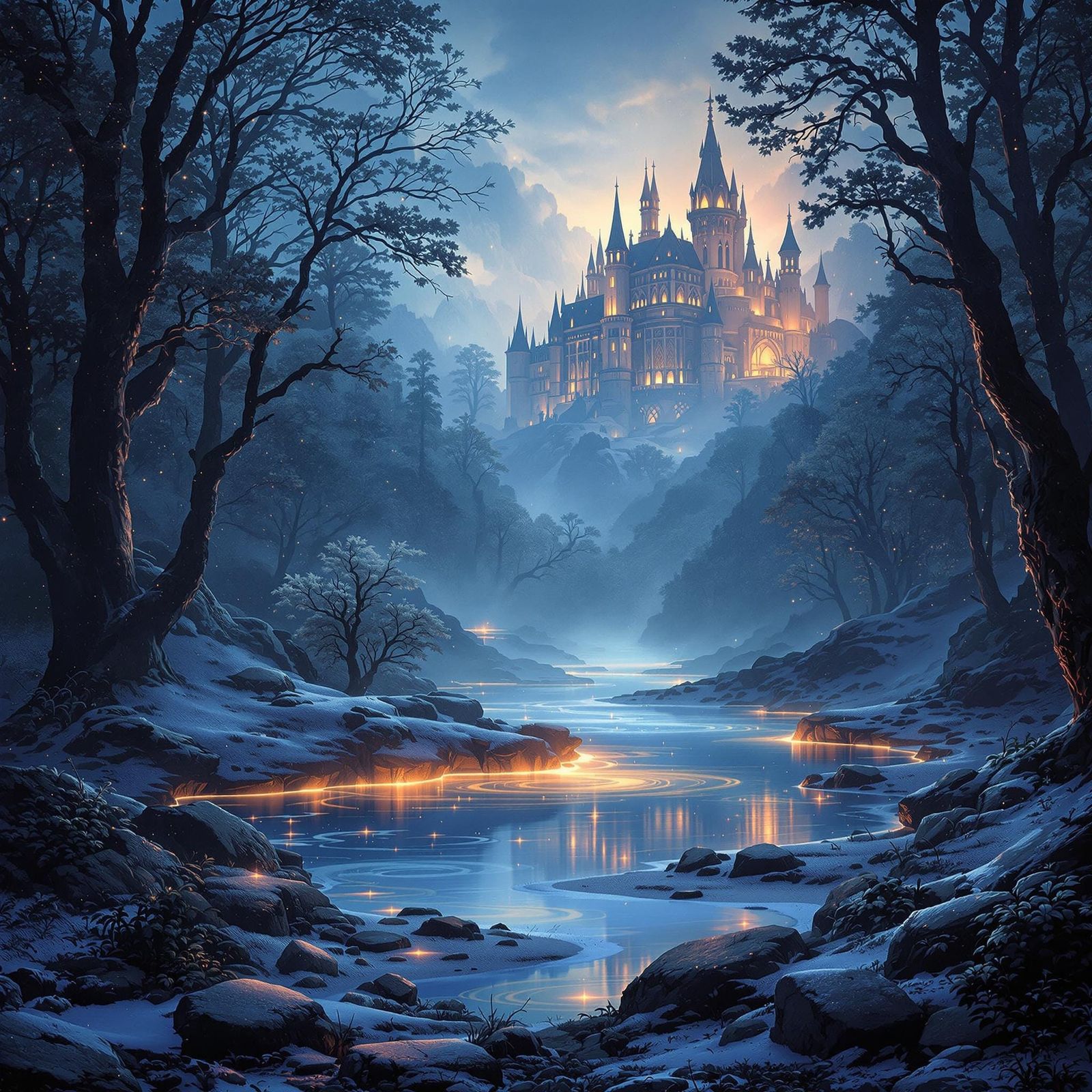 Mystical Castle Landscape in Soft Volumetric Lighting