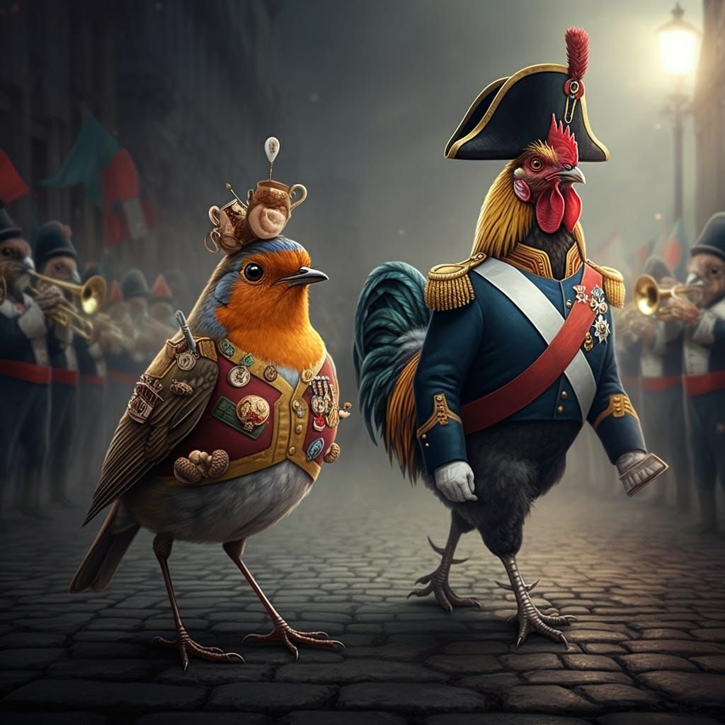 Robin in Military Uniform, Hyperrealistic Illustration