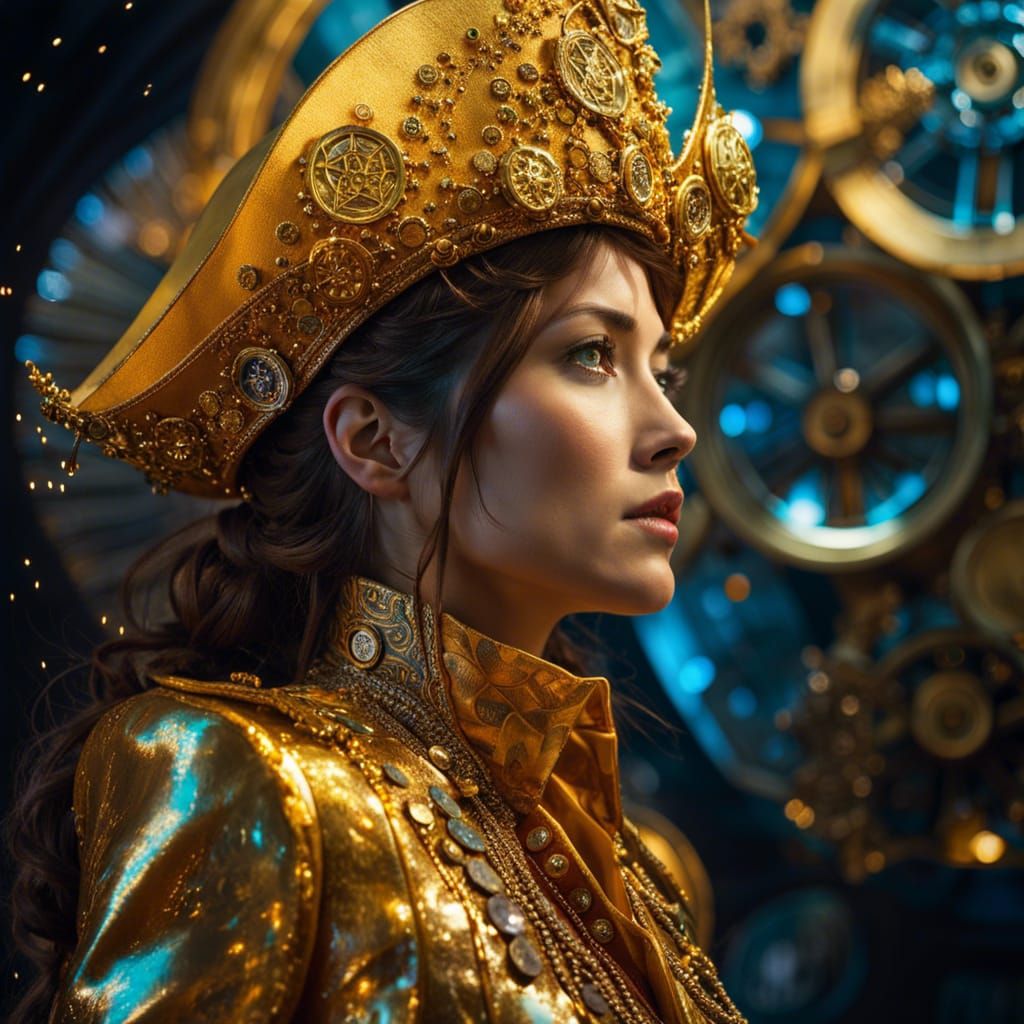 Steampunk Pirate Woman in Gold Nebula Landscape