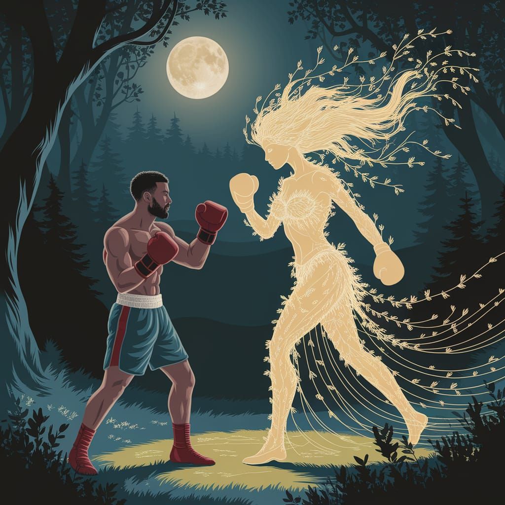 Man vs the Elements in a Dreamlike Forest Confrontation