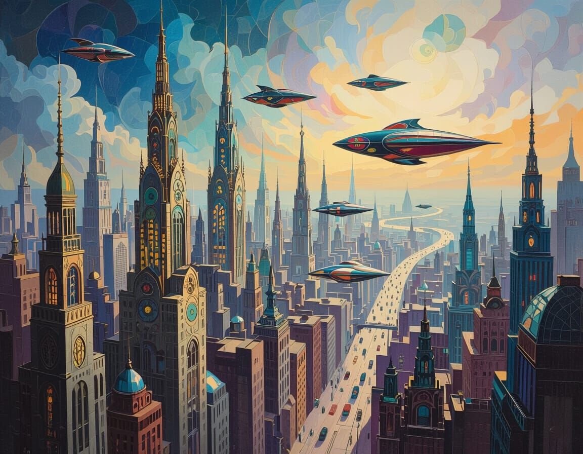 Art Nouveau Cityscape Painting with Flying Vehicles