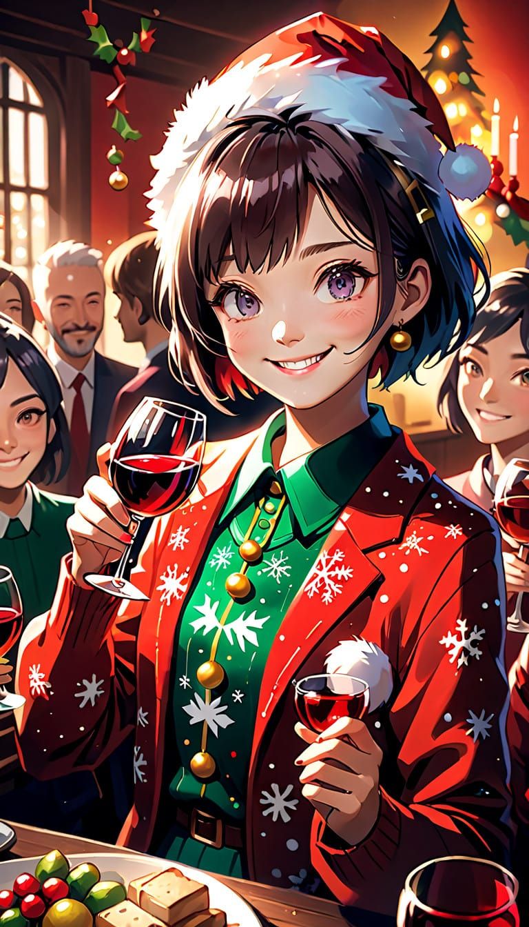 Cheerful Young Woman Toasting Christmas with Friends in a Vi...