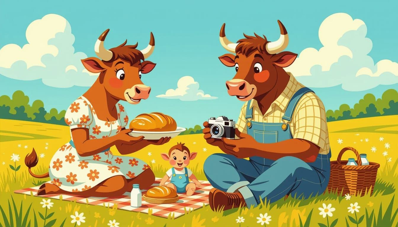 1950s Style Cheerful Bull Family Picnic in Meadow