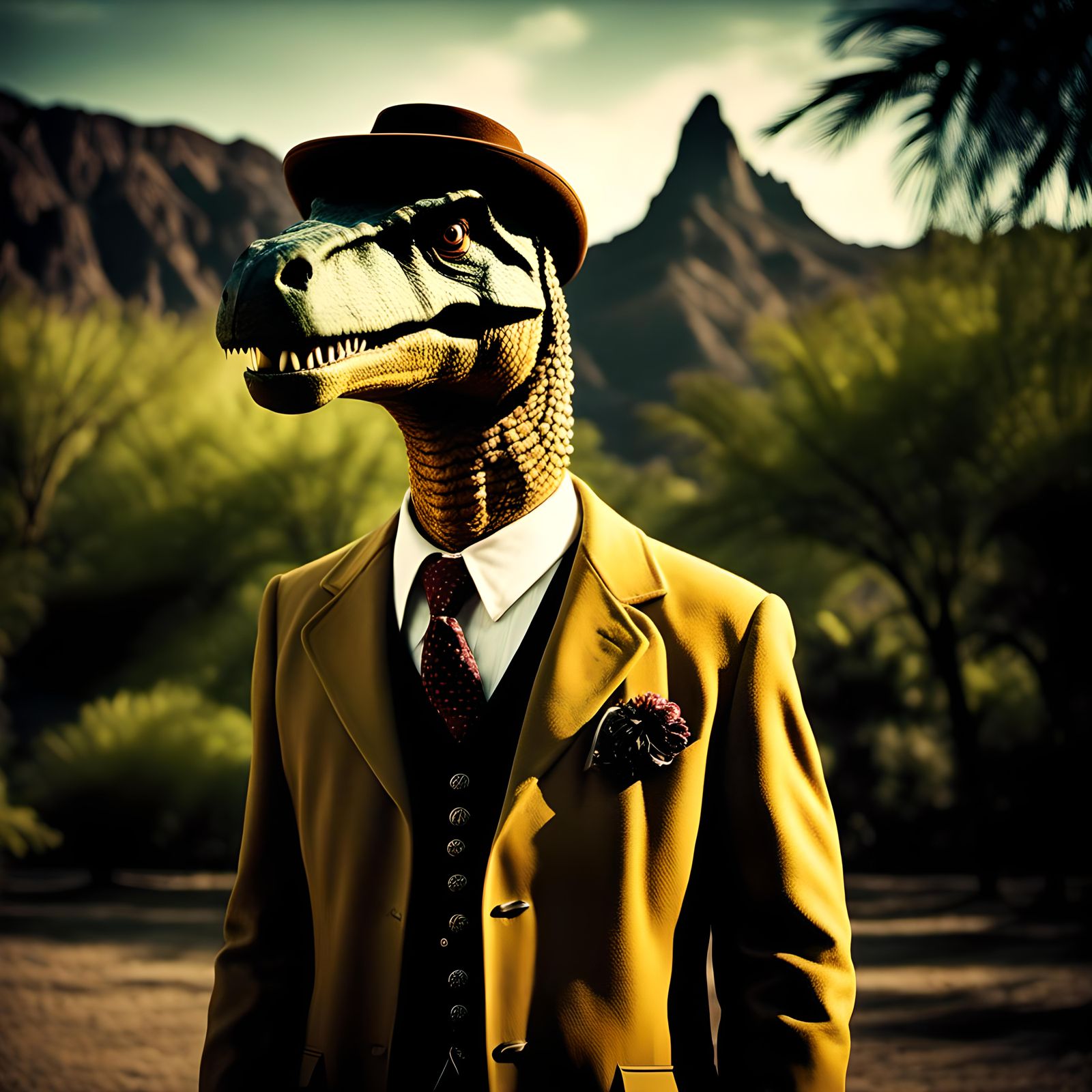 Dinosaur in 1920s Outfit: Retro Cinematic Portrait