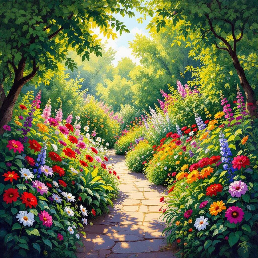 Vibrant Garden in Full Bloom Botanical Illustration